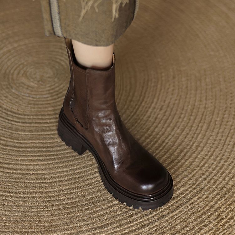 Vintage Round Toe Mid Heel Chunky Heel Short Boots