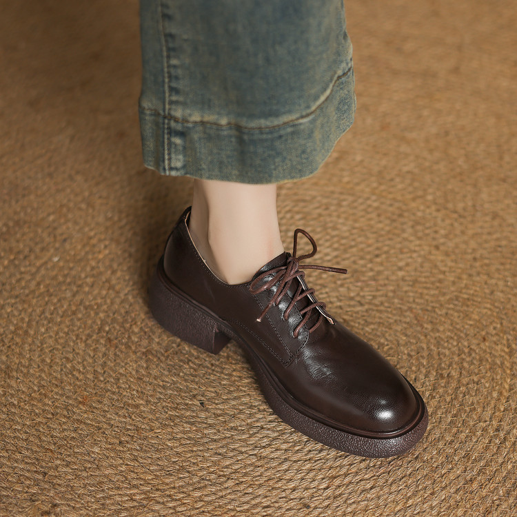 Women's Deep Mouth Flat Shoes - Sheepskin Leather Lace-Up
