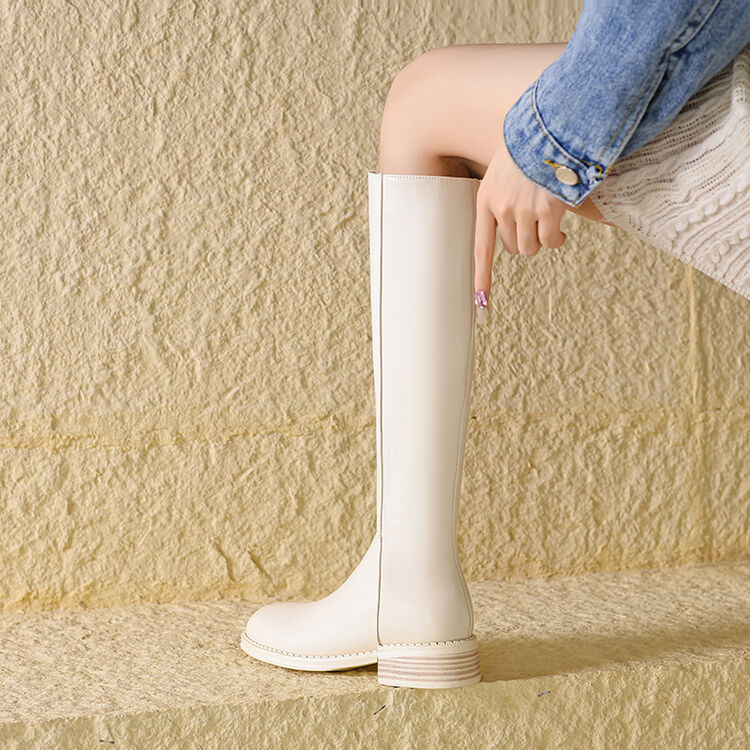 Women's Minimalist Leather Mid Heel Round Toe Side Zip Fashion Boots