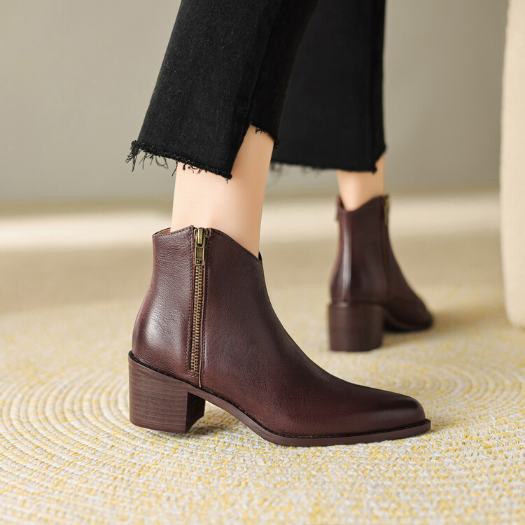 Women's Retro Pointed Toe Chunky High Heel Ankle Boots with Side Zipper