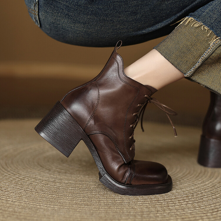 Women's Retro Square Toe High Heel Ankle Boots